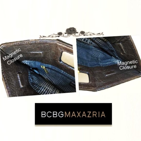 BCBGMaxAzria Brown Black Clutch Genuine Leather Trim Elegant Gold Zipper Design - Picture 8 of 11